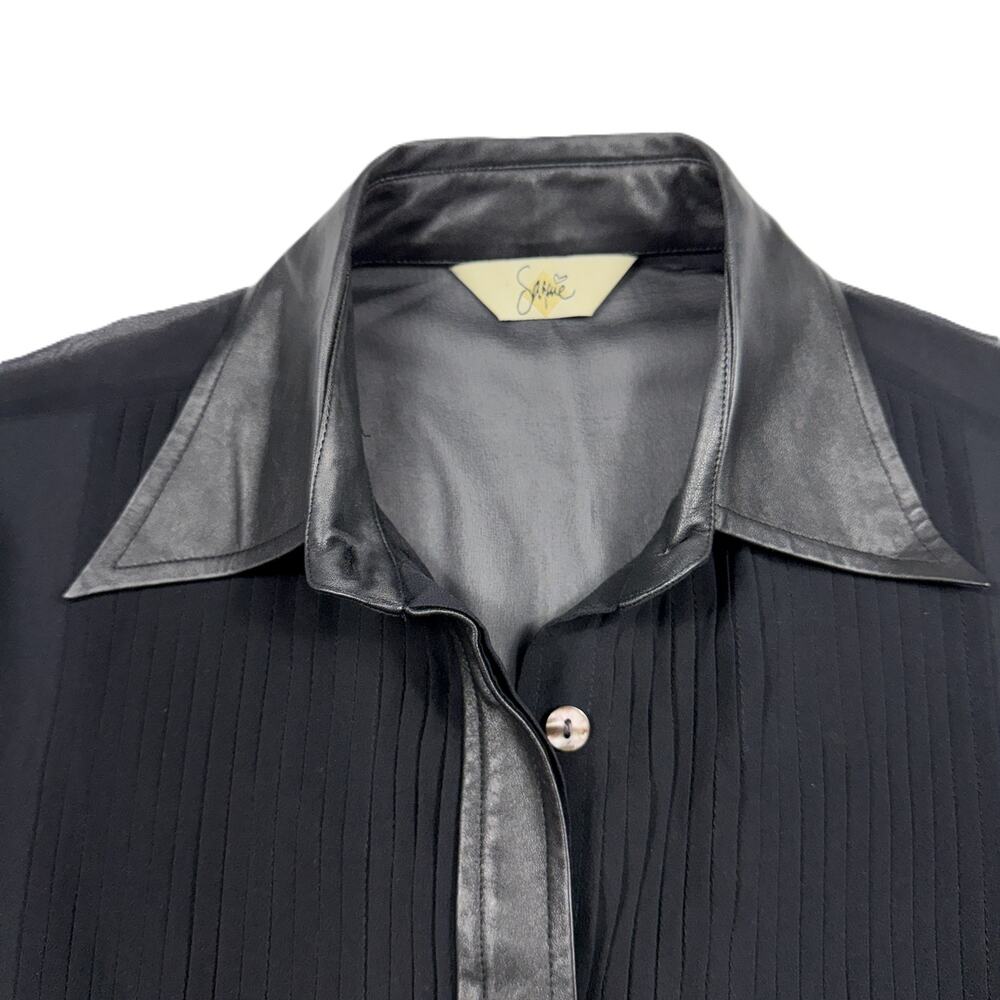 SAGAIE 90s VTG Paris black sheer long-sleeve tuxedo-style blouse leather trim - Picture 3 of 15